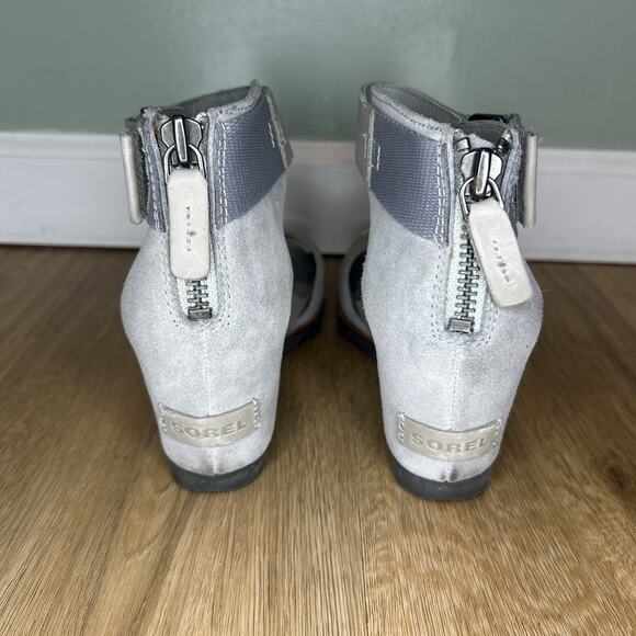 SOREL WOMENS 8.5 JOANIE II SANDAL ANKLE STRAP LEATHER WEDGE GRAY LEATHER ZIP - Picture 5 of 9